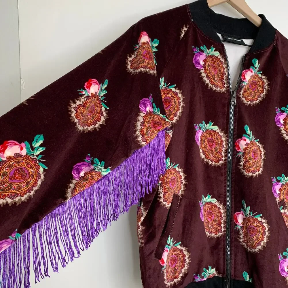 Moon & Nomad Mixed Emotions Velvet Bomber Jacket Burgundy Purple Fringe Medium - Picture 9 of 14